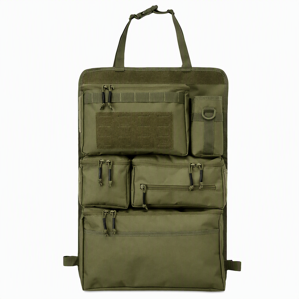 Heavy Duty Tactical Car Backseat Organizer Nylon Multi Compartment Storage Bag with Zipper Closure for SUVs