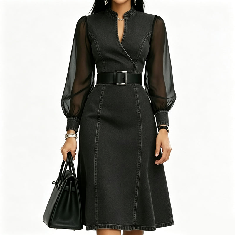 ๐ Cinched Waist, Sheer Sleeve Detail | Women's Slimming Denim Dress