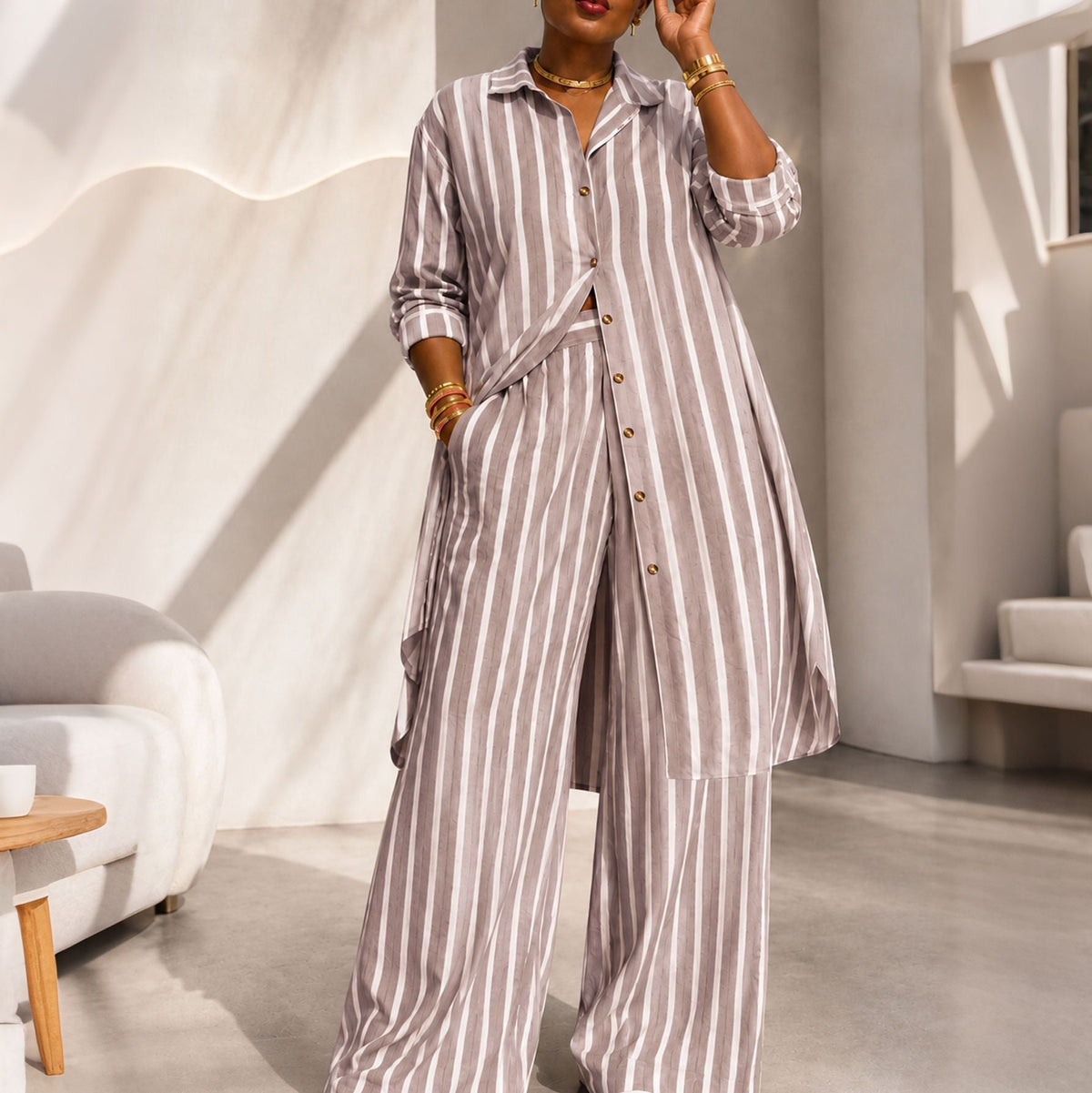 Women's Striped Longline Shirt & Wide-Leg Pants Set