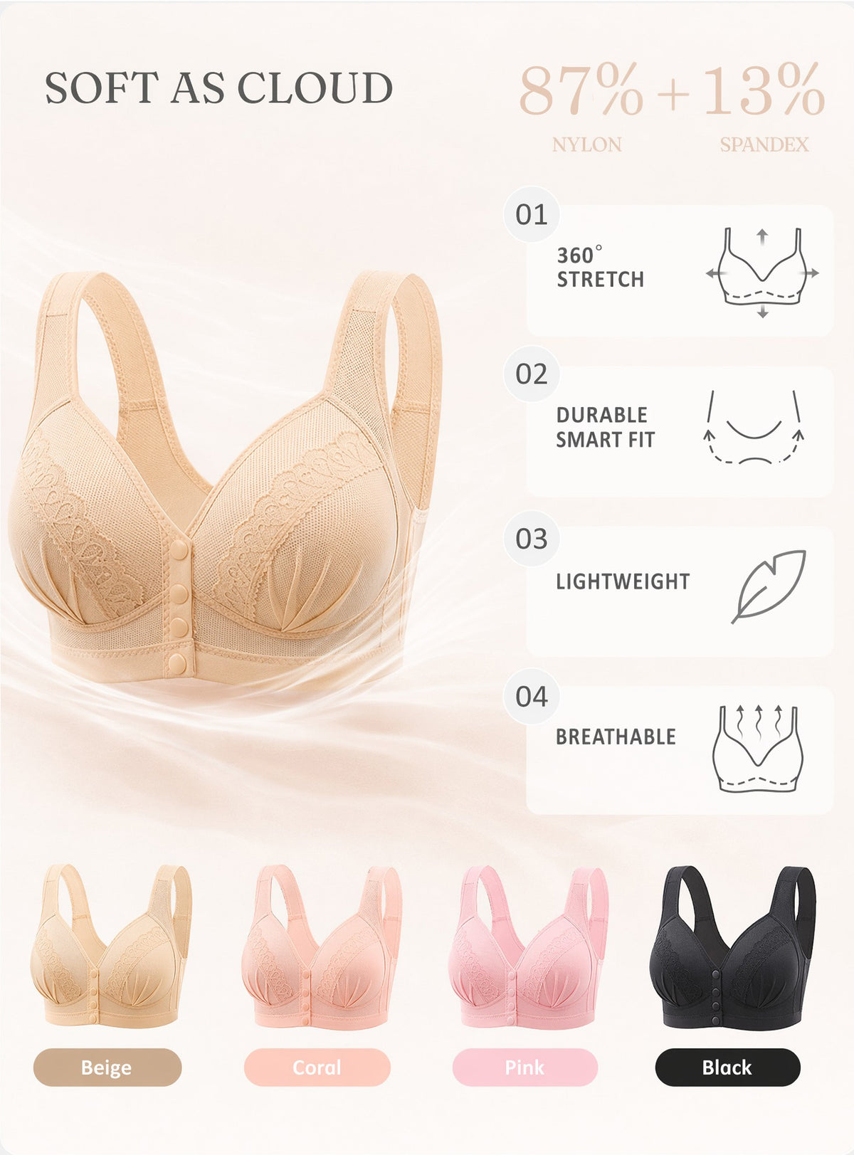 Women's Front-Closure Wire-Free Cotton Support Bra