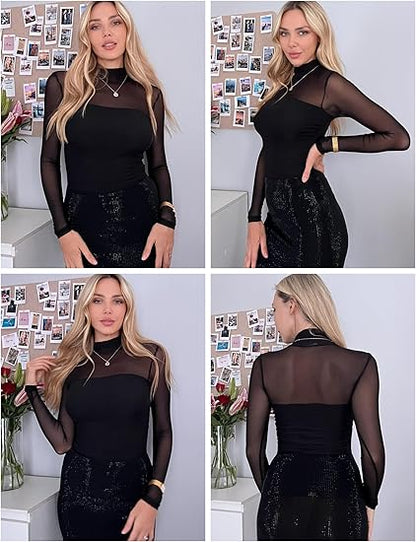 🎉Women's Sparkle Mesh Sheer Long Sleeve Ruched Top🌸