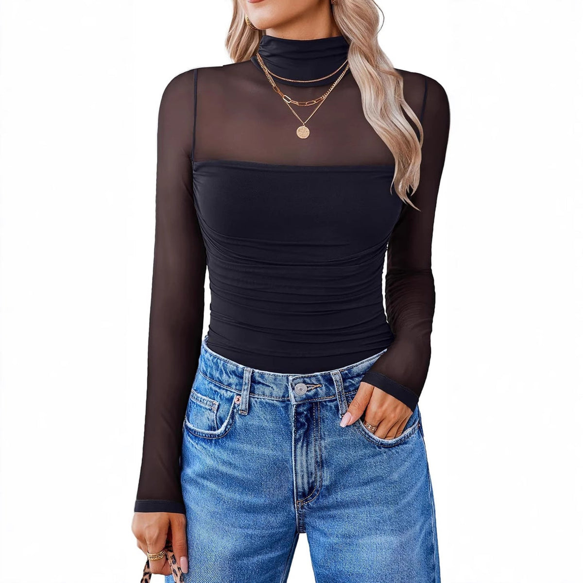 🎉Women's Sparkle Mesh Sheer Long Sleeve Ruched Top🌸