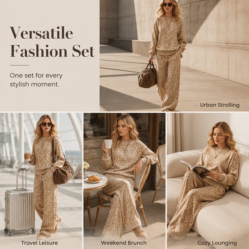 🌸Hot Sale💖Women's Leopard Print Sweatshirt & Wide-Leg Pants Set