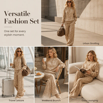 🌸Hot Sale💖Women's Leopard Print Sweatshirt & Wide-Leg Pants Set