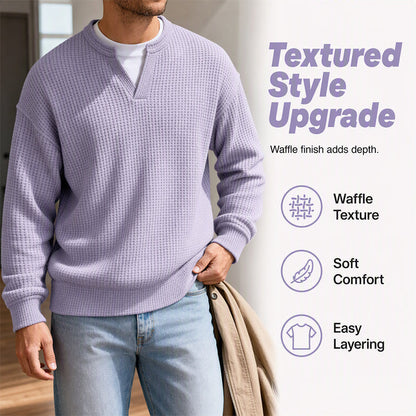 👕 Mock-Layer Waffle Long Sleeve Tee – Mock-Layer Neckline & Textured Waffle Finish | Perfect for Commute, City Outings & Casual Wear ✨