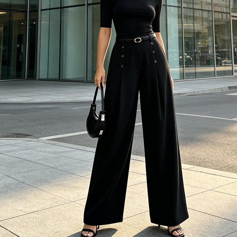 🖤Black Friday Sale:50% OFF🖤✨ Double-Button Detail, Flattering Drape | Women's High-Waist Wide-Leg Pants