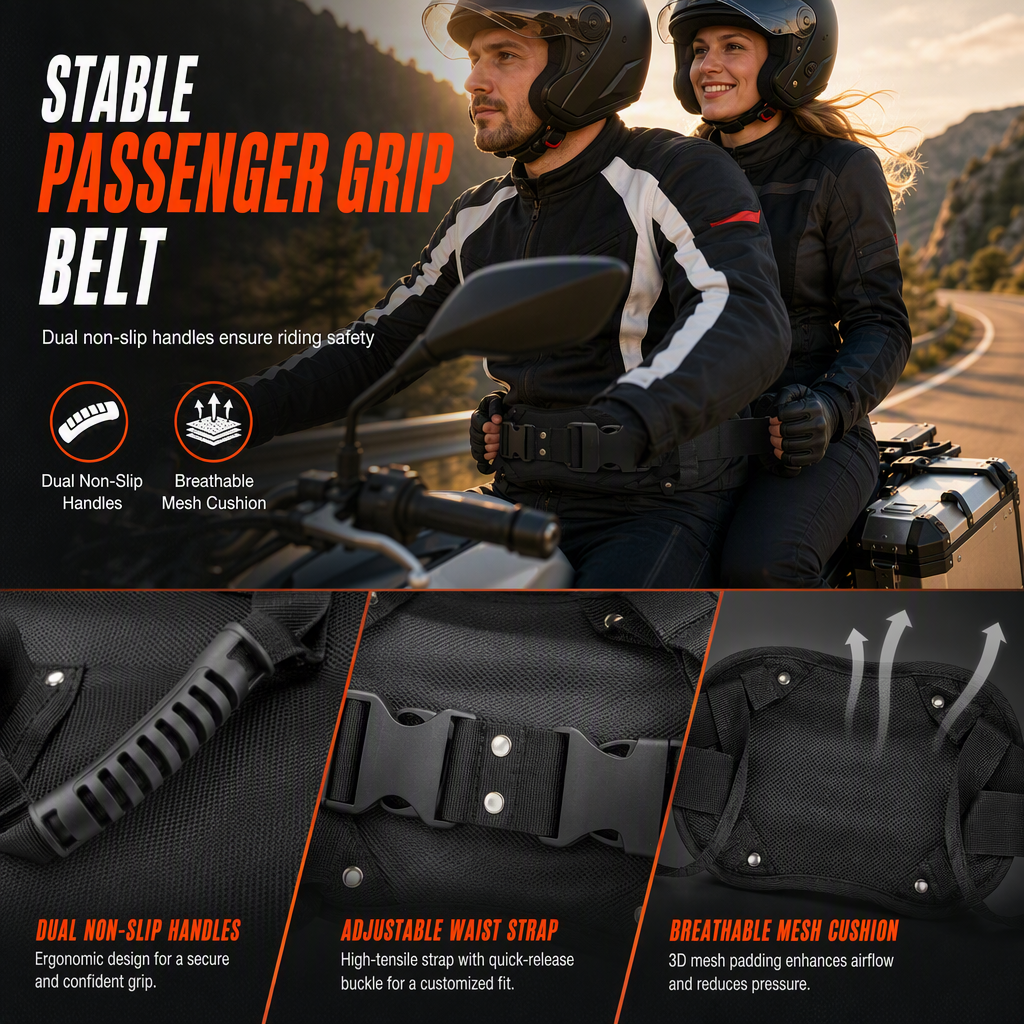 🏍️ LIMITED-TIME 50% OFF! 🛡️ Motorcycle Passenger Grab Handle Belt – Non-slip, Adjustable, Heavy-Duty ✨