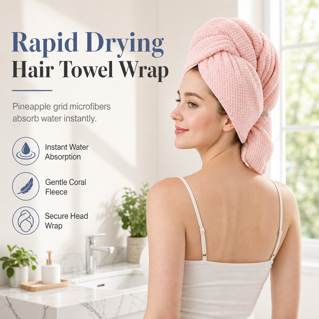 🍍💇‍♀️Coral Fleece Hair Drying Towel for Women 60×100cm – Pineapple Grid, Super Absorbent, Quick-Drying Head Wrap Turban