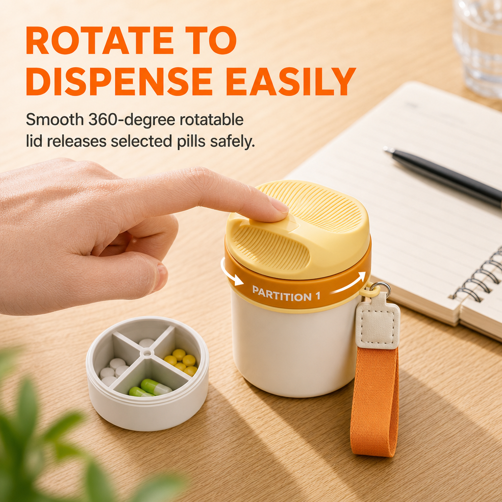 💊✈️Portable 4-Compartment Travel Pill Organizer – Compact, Secure, Easy to Carry