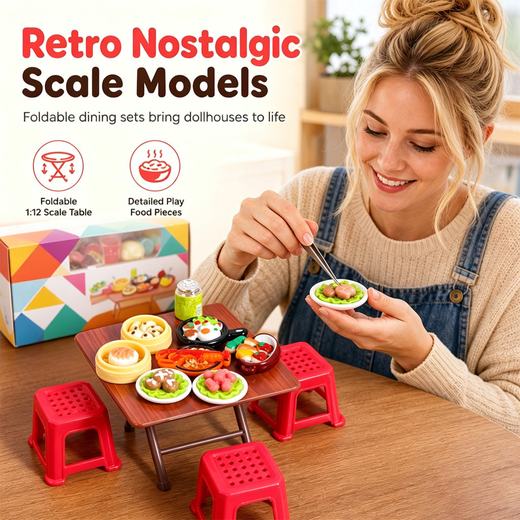 🏠 50% OFF! ✨ Miniature Folding Table & Chair Toy Set – Retro Wood-Grain Scale Models, Realistic Simulated Play Food & Space-Saving Foldable Design – Perfect Dollhouse Pretend Play for Kids 🍽️