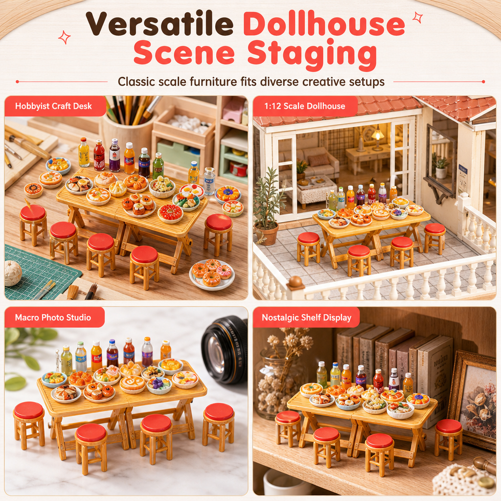 🏠 50% OFF! ✨ Miniature Folding Table & Chair Toy Set – Retro Wood-Grain Scale Models, Realistic Simulated Play Food & Space-Saving Foldable Design – Perfect Dollhouse Pretend Play for Kids 🍽️