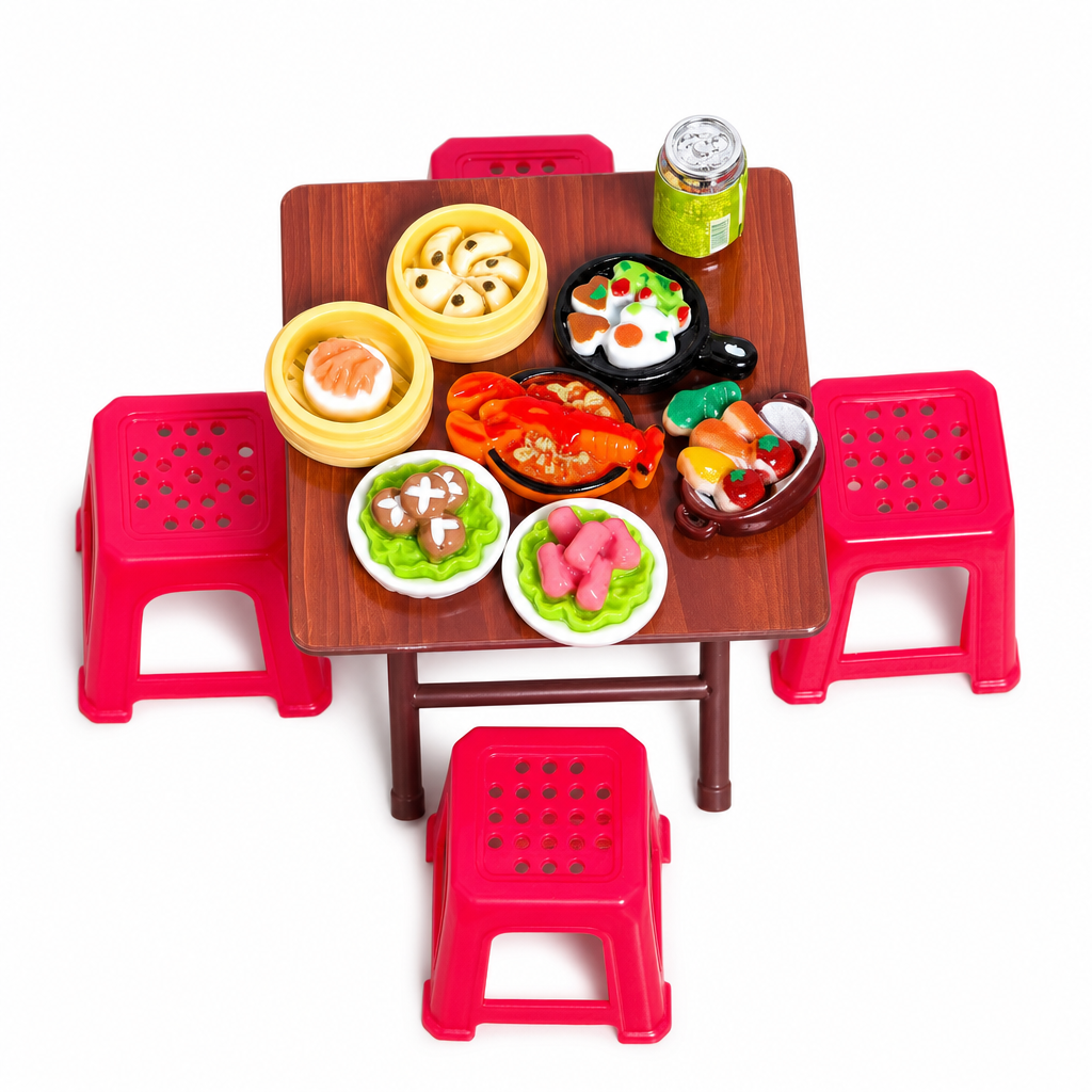 🏠 50% OFF! ✨ Miniature Folding Table & Chair Toy Set – Retro Wood-Grain Scale Models, Realistic Simulated Play Food & Space-Saving Foldable Design – Perfect Dollhouse Pretend Play for Kids 🍽️
