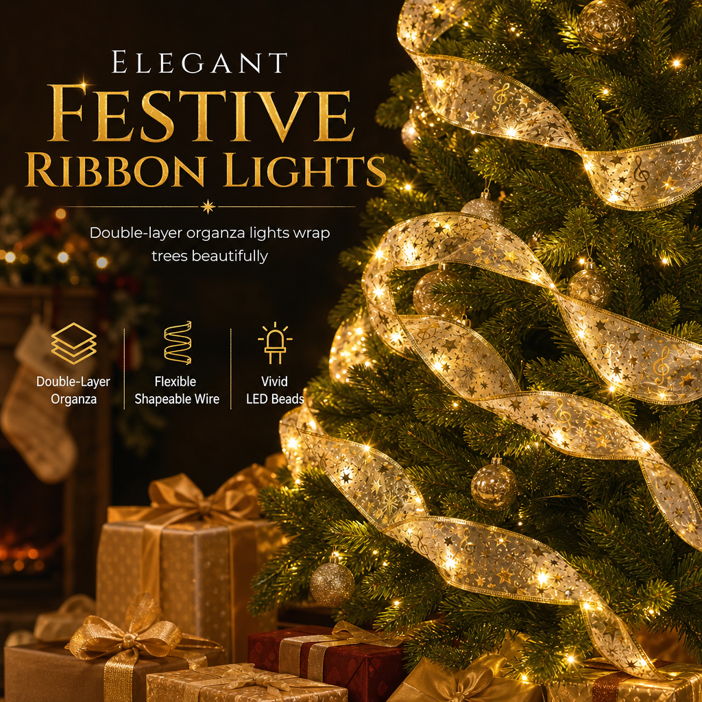 🎄✨Christmas Tree Ribbon String Lights – Festive Glow, Flexible Ribbon Design, Perfect Holiday Decor