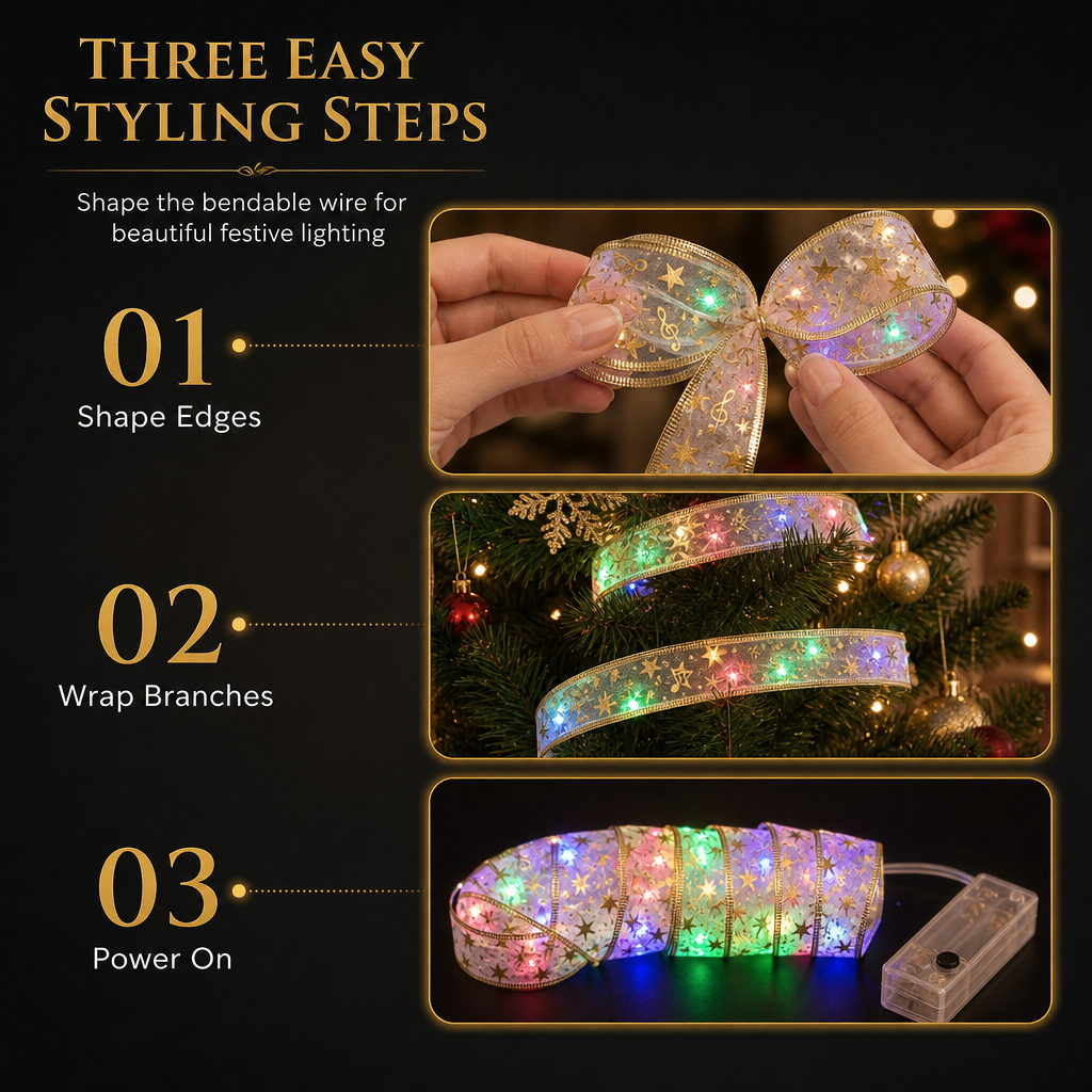 🎄✨Christmas Tree Ribbon String Lights – Festive Glow, Flexible Ribbon Design, Perfect Holiday Decor