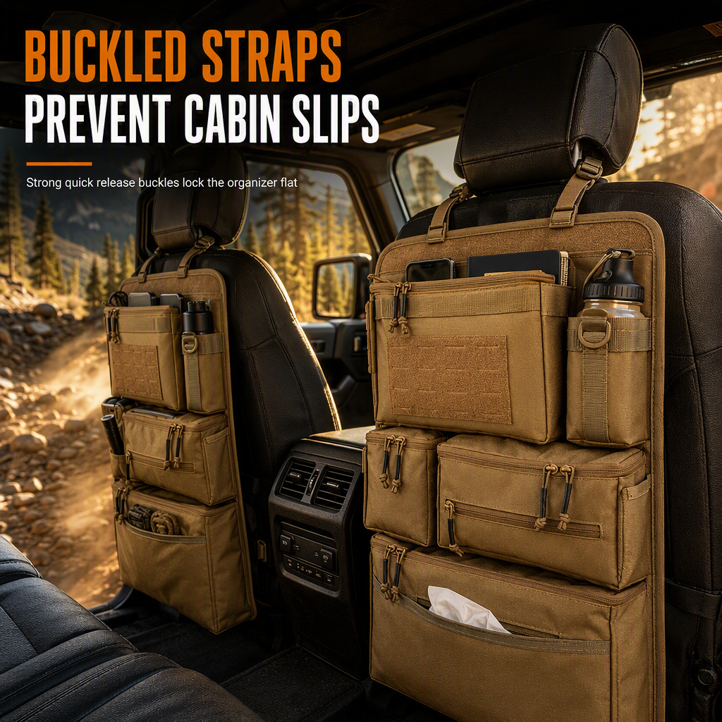 Heavy Duty Tactical Car Backseat Organizer Nylon Multi Compartment Storage Bag with Zipper Closure for SUVs