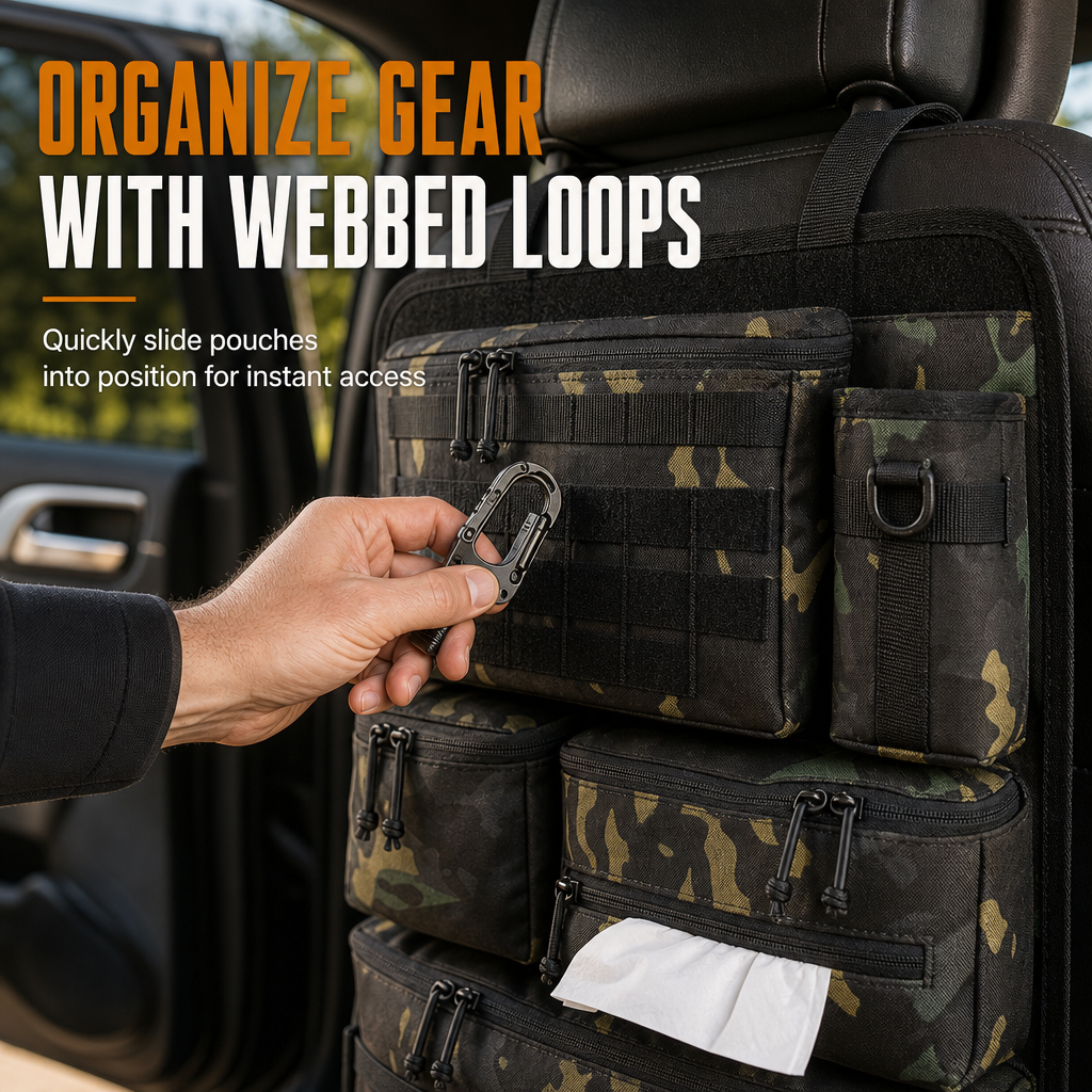 Heavy Duty Tactical Car Backseat Organizer Nylon Multi Compartment Storage Bag with Zipper Closure for SUVs