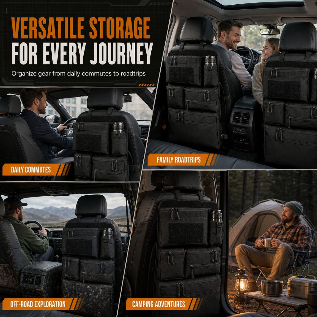 Heavy Duty Tactical Car Backseat Organizer Nylon Multi Compartment Storage Bag with Zipper Closure for SUVs