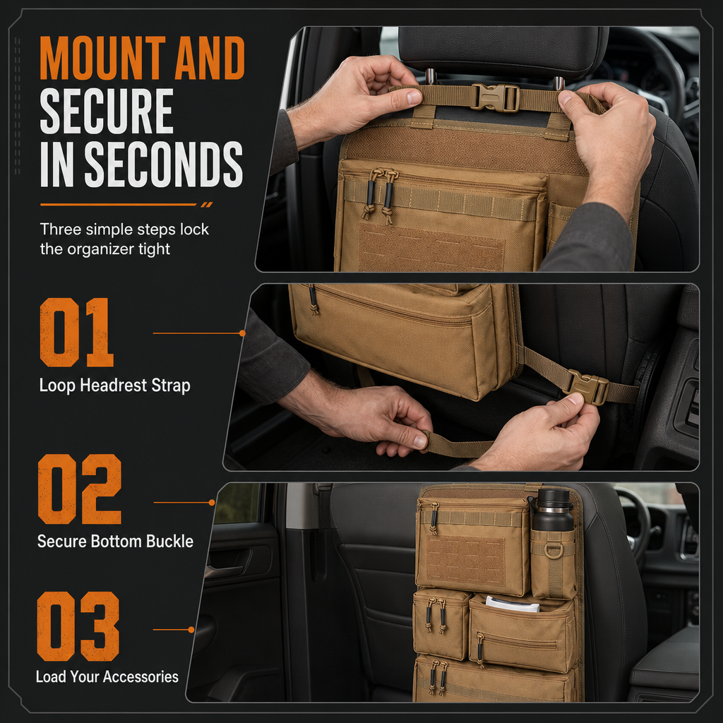 Heavy Duty Tactical Car Backseat Organizer Nylon Multi Compartment Storage Bag with Zipper Closure for SUVs