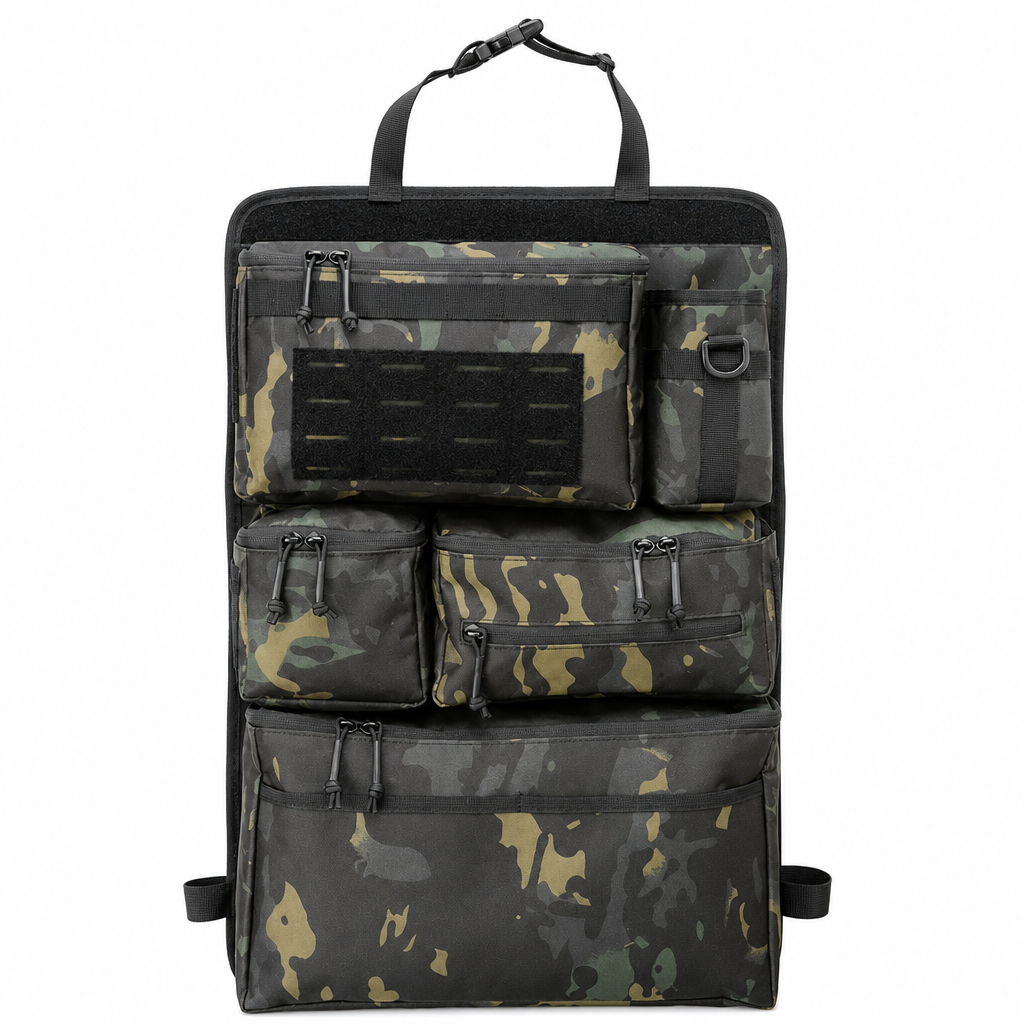 Heavy Duty Tactical Car Backseat Organizer Nylon Multi Compartment Storage Bag with Zipper Closure for SUVs