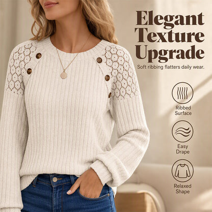 🖤Black Friday Sale:50% OFF🖤 🌸 Lace Detail, Easy Elegance | Women's Ribbed Knit Patchwork Long-Sleeve Top