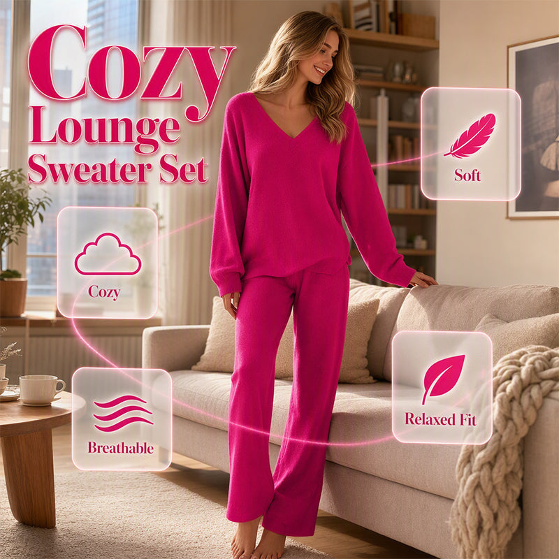 Women's Knit V-Neck Sweater & Wide-Leg Pants Set