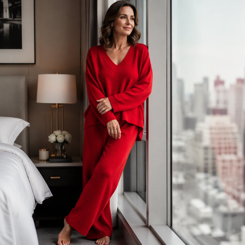 Women's Knit V-Neck Sweater & Wide-Leg Pants Set