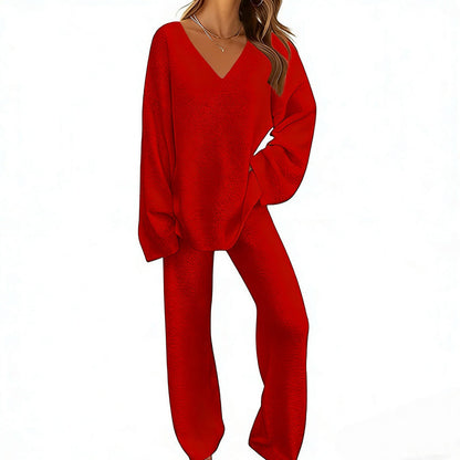 Women's Knit V-Neck Sweater & Wide-Leg Pants Set