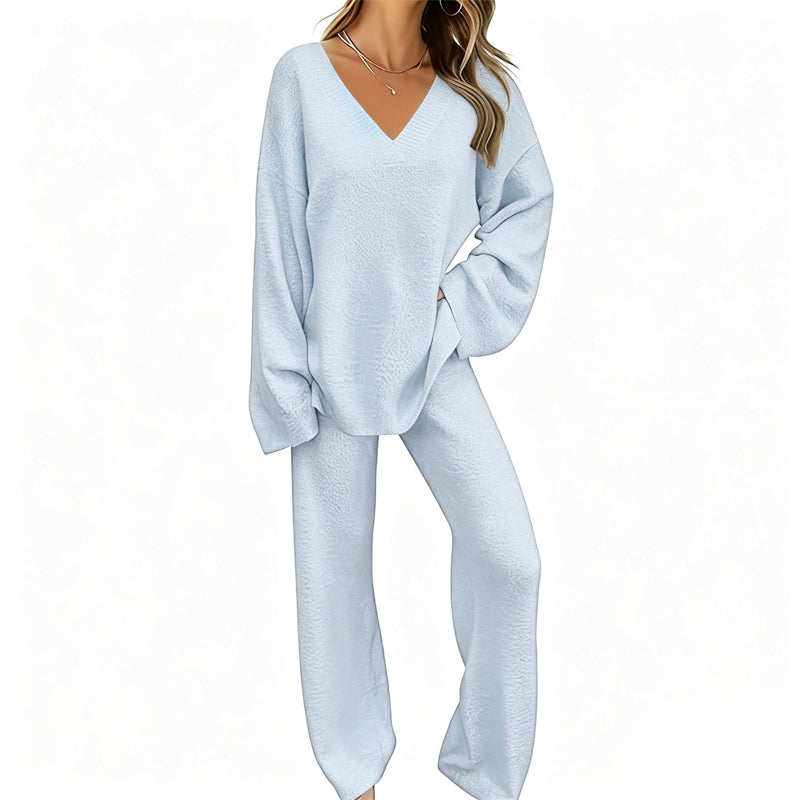 Women's Knit V-Neck Sweater & Wide-Leg Pants Set