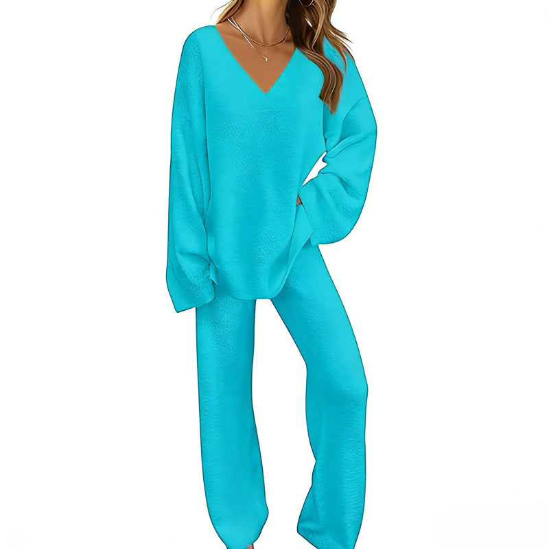 Women's Knit V-Neck Sweater & Wide-Leg Pants Set