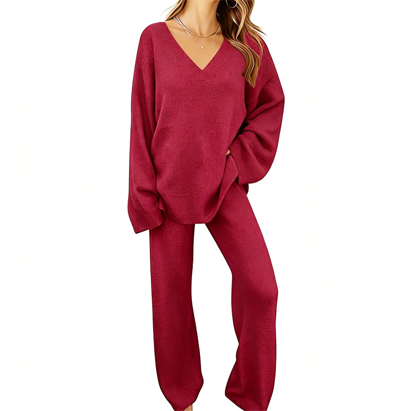 Women's Knit V-Neck Sweater & Wide-Leg Pants Set