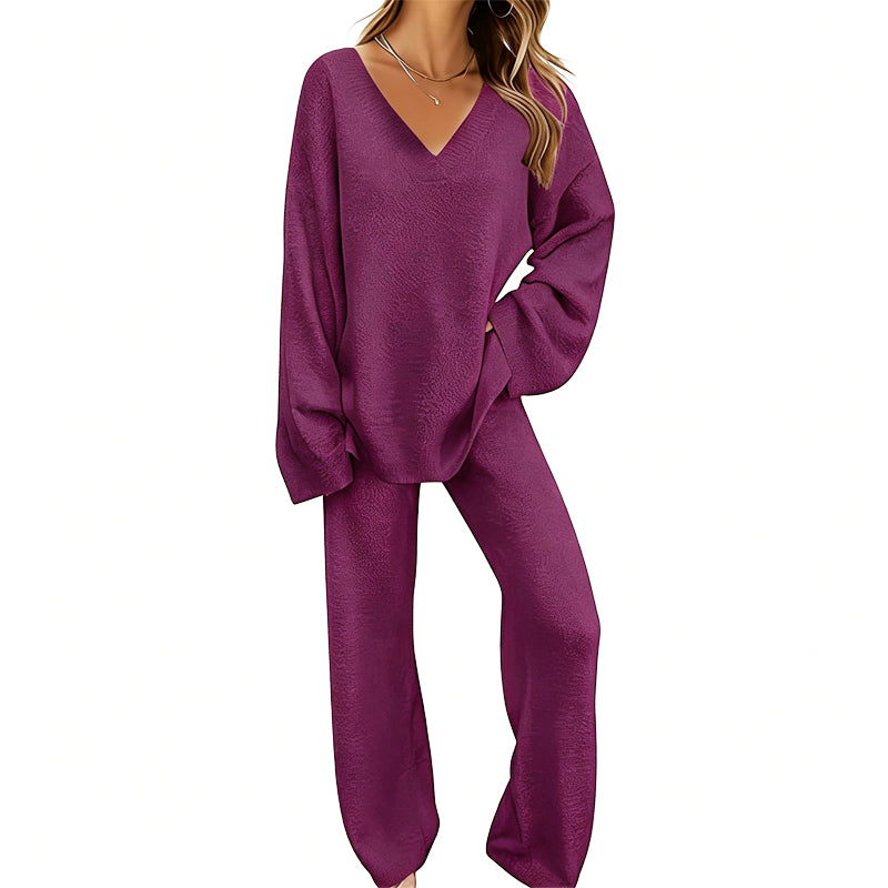 Women's Knit V-Neck Sweater & Wide-Leg Pants Set