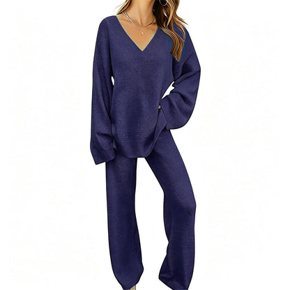 Women's Knit V-Neck Sweater & Wide-Leg Pants Set