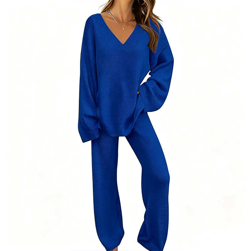 Women's Knit V-Neck Sweater & Wide-Leg Pants Set