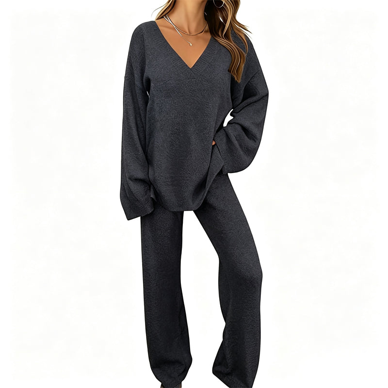 Women's Knit V-Neck Sweater & Wide-Leg Pants Set