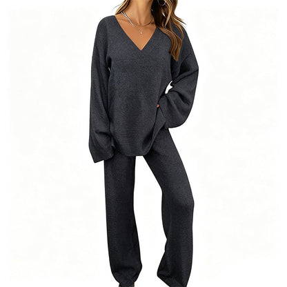 Women's Knit V-Neck Sweater & Wide-Leg Pants Set