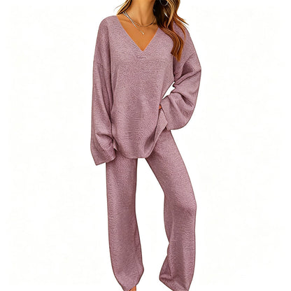Women's Knit V-Neck Sweater & Wide-Leg Pants Set