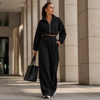 Women's Cropped Zip-Up Sweatshirt & Wide-Leg Pants Set