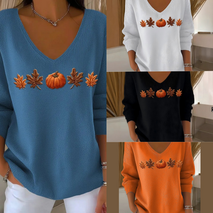 Pumpkin & Leaf Embroidery V-Neck Top