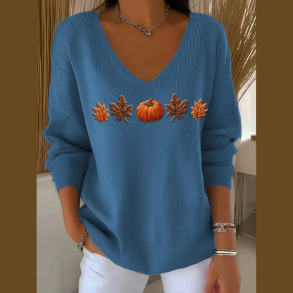 Pumpkin & Leaf Embroidery V-Neck Top