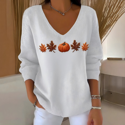 Pumpkin & Leaf Embroidery V-Neck Top