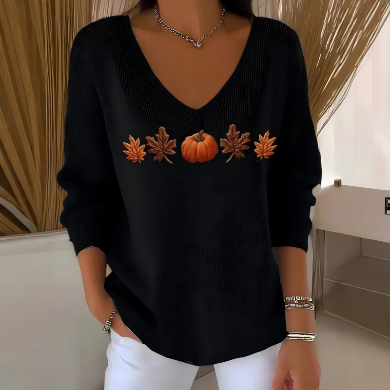 Pumpkin & Leaf Embroidery V-Neck Top