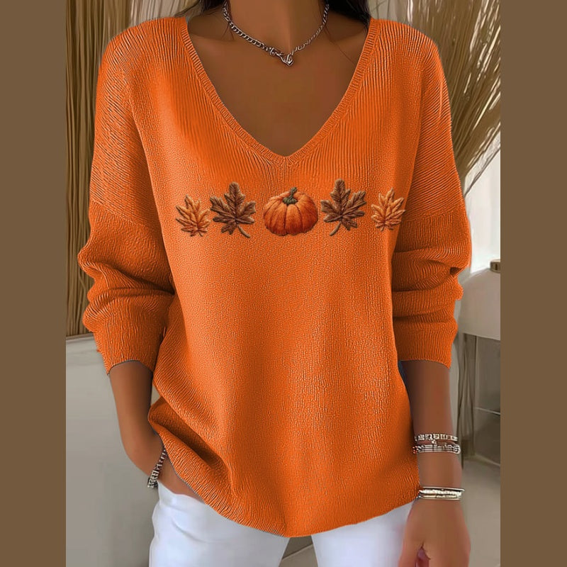 Pumpkin & Leaf Embroidery V-Neck Top