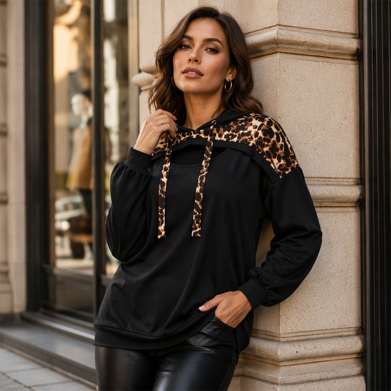Women's Trendy Leopard Print Cutout Hoodie
