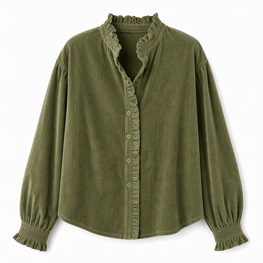 🌿 Ruffled Elegance, Relaxed Vintage Fit | Women's Corduroy Blouse