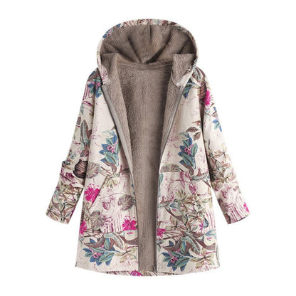 Women's Vintage Leaf Print Hooded Coat