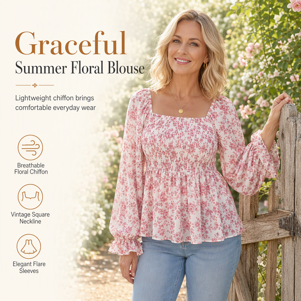 Women's Casual Square Neck Flare Sleeve Floral Print Chiffon Blouse Holiday Top