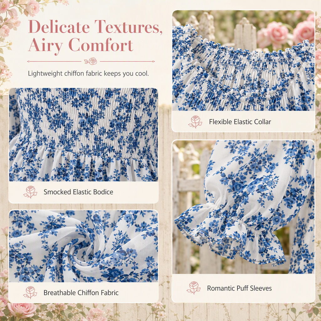 Women's Casual Square Neck Flare Sleeve Floral Print Chiffon Blouse Holiday Top
