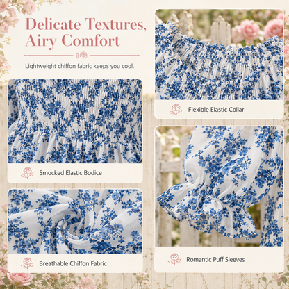 Women's Casual Square Neck Flare Sleeve Floral Print Chiffon Blouse Holiday Top