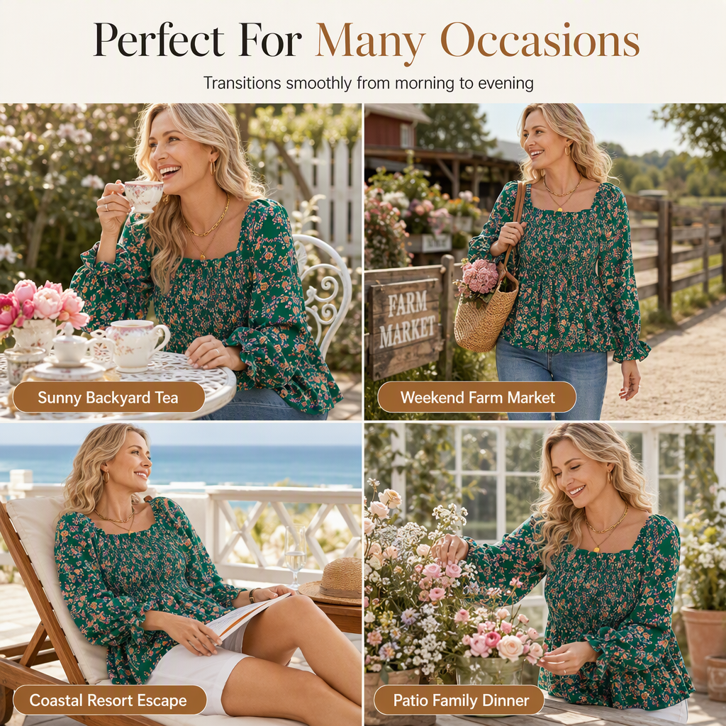 Women's Casual Square Neck Flare Sleeve Floral Print Chiffon Blouse Holiday Top
