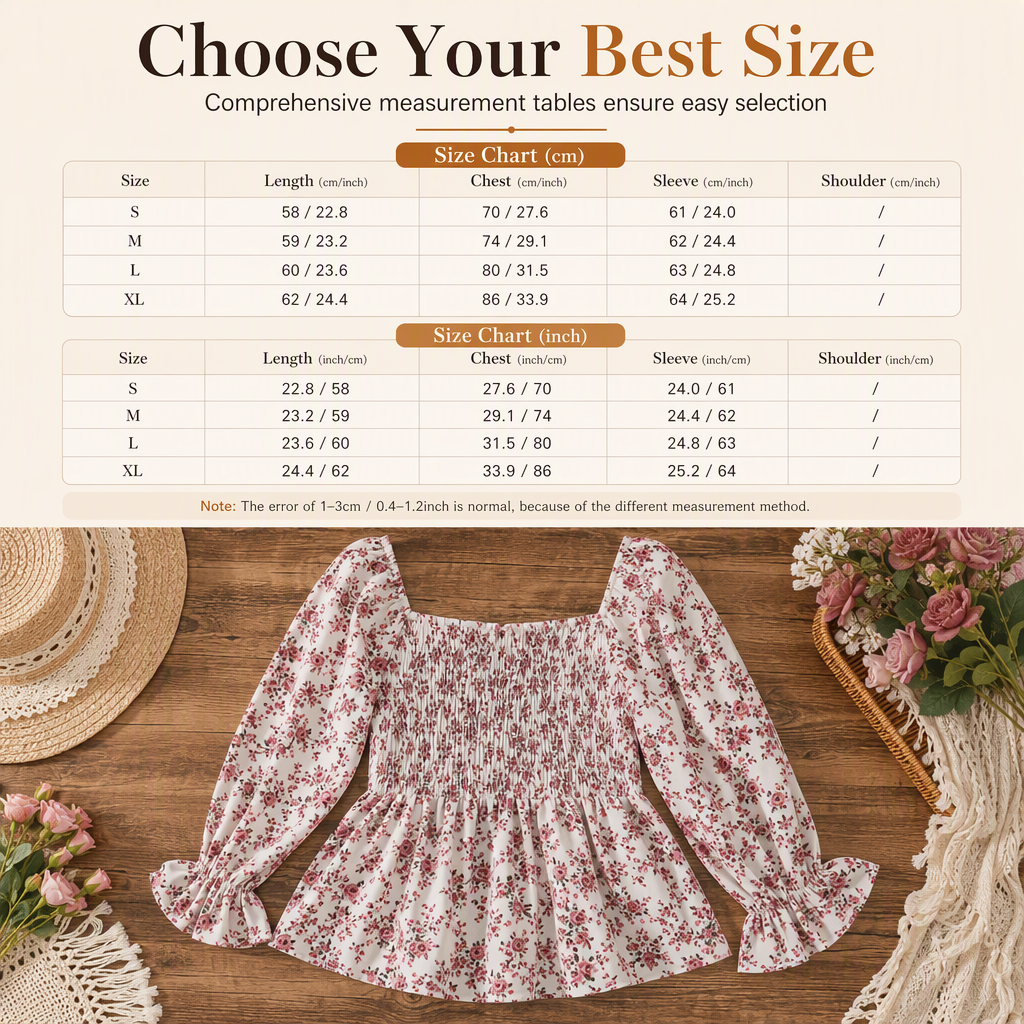 Women's Casual Square Neck Flare Sleeve Floral Print Chiffon Blouse Holiday Top